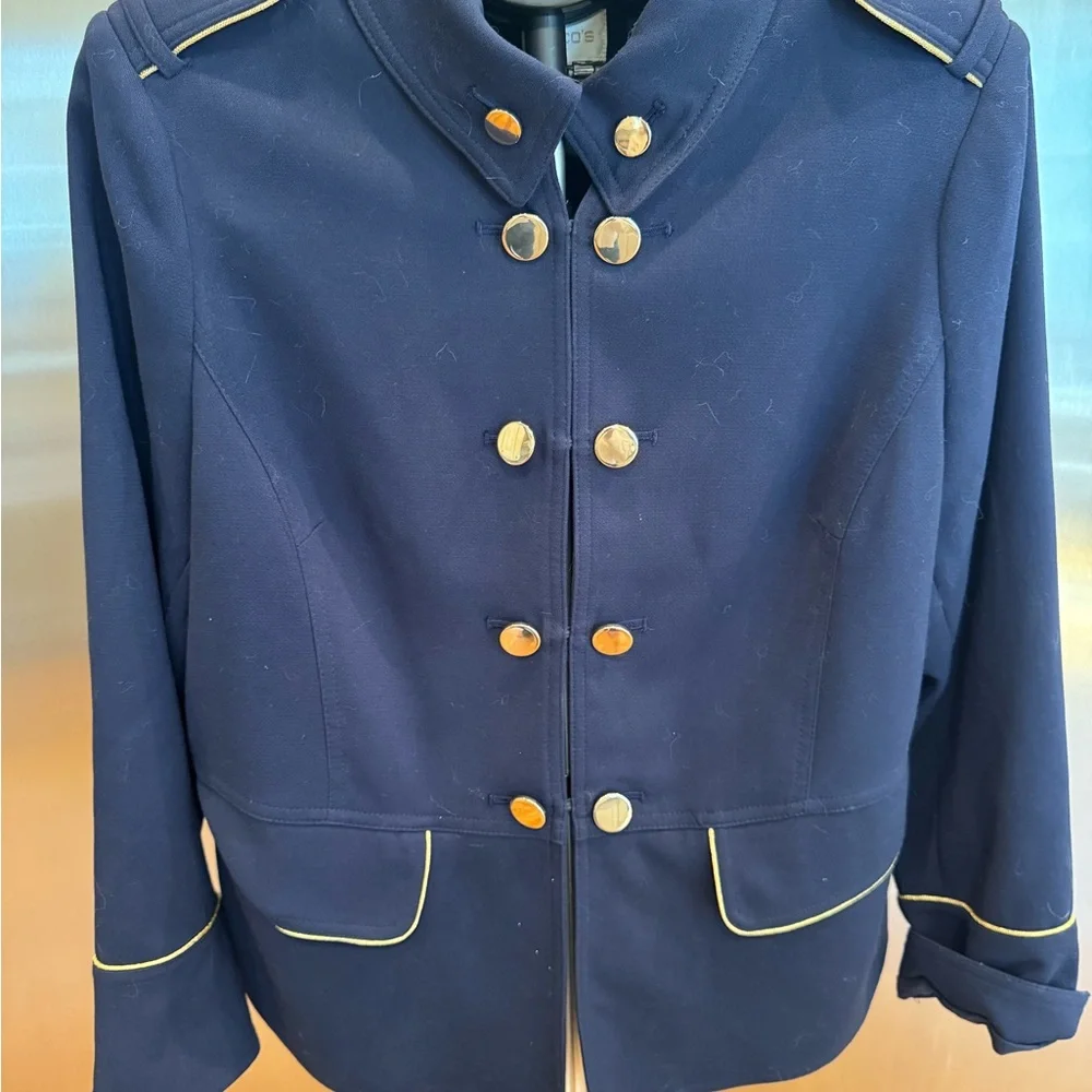 Chico's Navy Pea Coat with Gold Accents - Picture 4 of 9